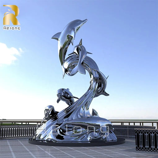 RELONG Custom Design Abstract Stainless Steel Dolphin Statue Sculpture for Outdoor Resort Landscape