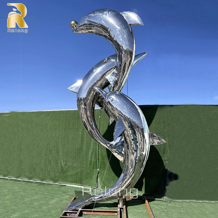 RELONG Custom Design Abstract Stainless Steel Dolphin Statue Sculpture for Outdoor Resort Landscape