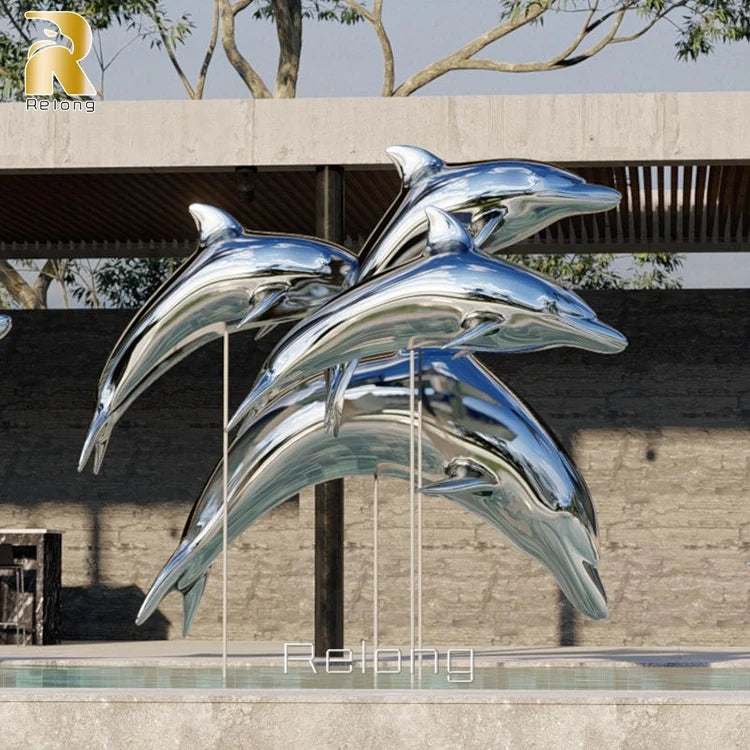 RELONG Custom Design Abstract Stainless Steel Dolphin Statue Sculpture for Outdoor Resort Landscape